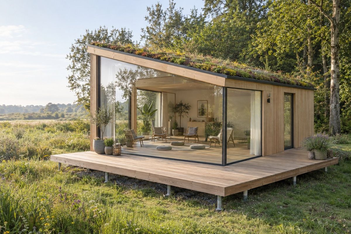 Buytenretreat met oplopend sedumdak en glazen hoek