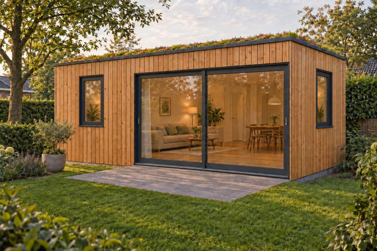 Opgeleverde Buytenstudio met Douglas-gevel en sedumdak in een tuin