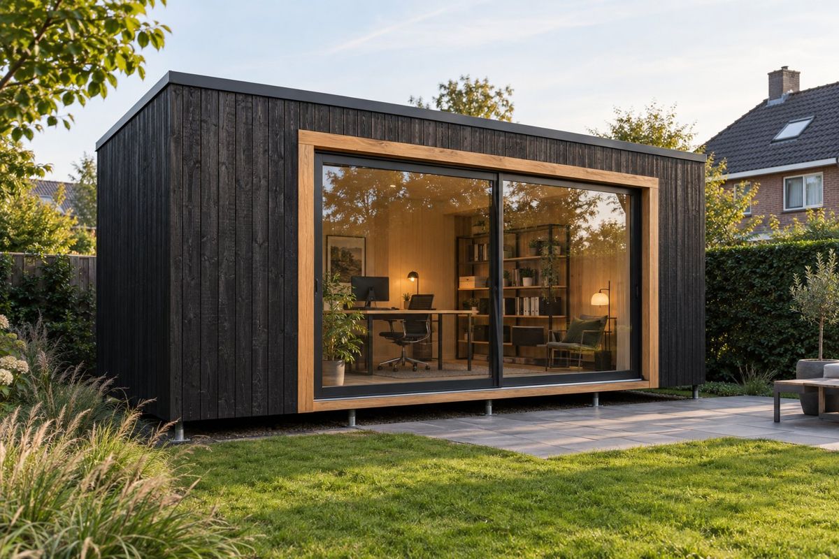 Buytenstudio met zwarte gevel en plat dak